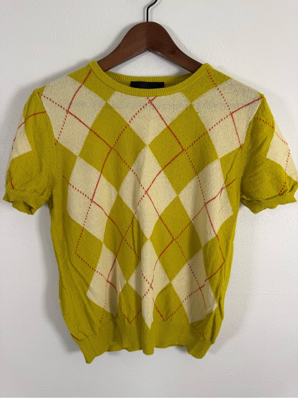 Zara Argyle Knit Sweater Top Chartreuse Cream Short Sleeve Small